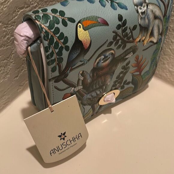 Anuschka Painted Sloth Jungle Print Front Flap Messenger Bag Blue Leather NWT - Picture 9 of 15